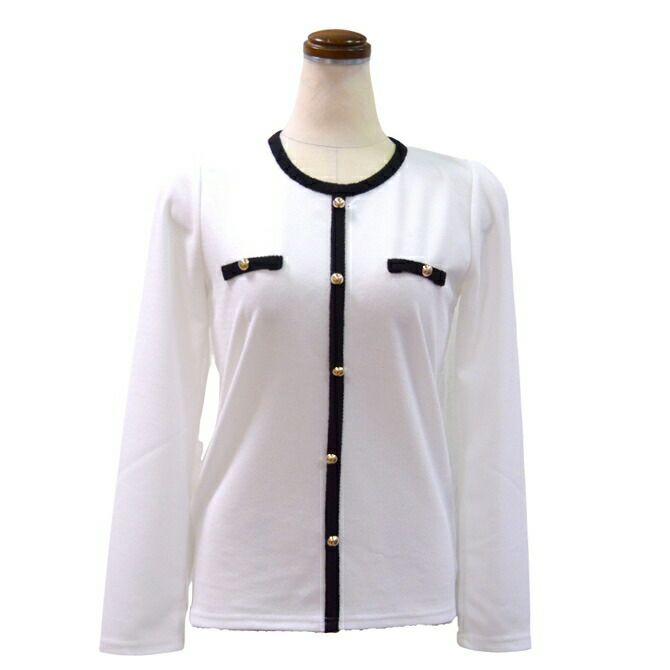 金ボタン使いモノトーントリミングカットソー（ホワイト）