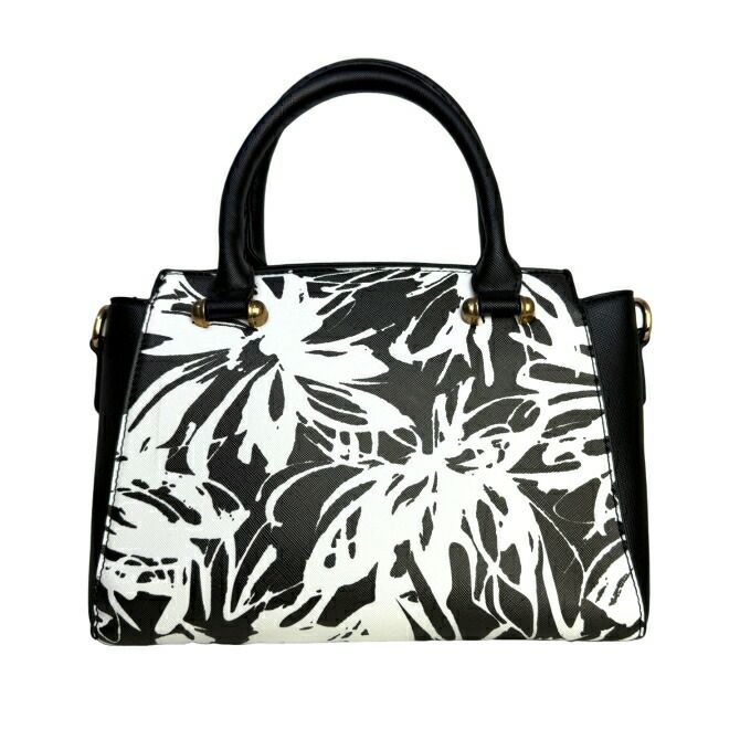 花柄プリント合成皮革ハンドバッグ（ブラック）