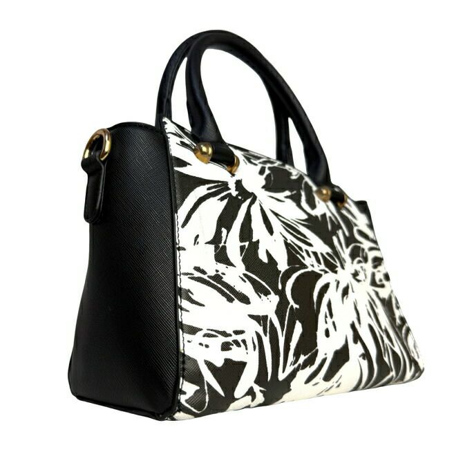花柄プリント合成皮革ハンドバッグ（ブラック）