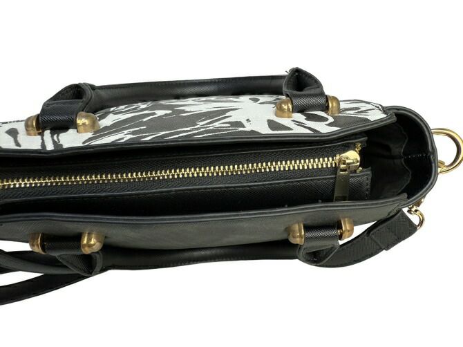 花柄プリント合成皮革ハンドバッグ（ブラック）