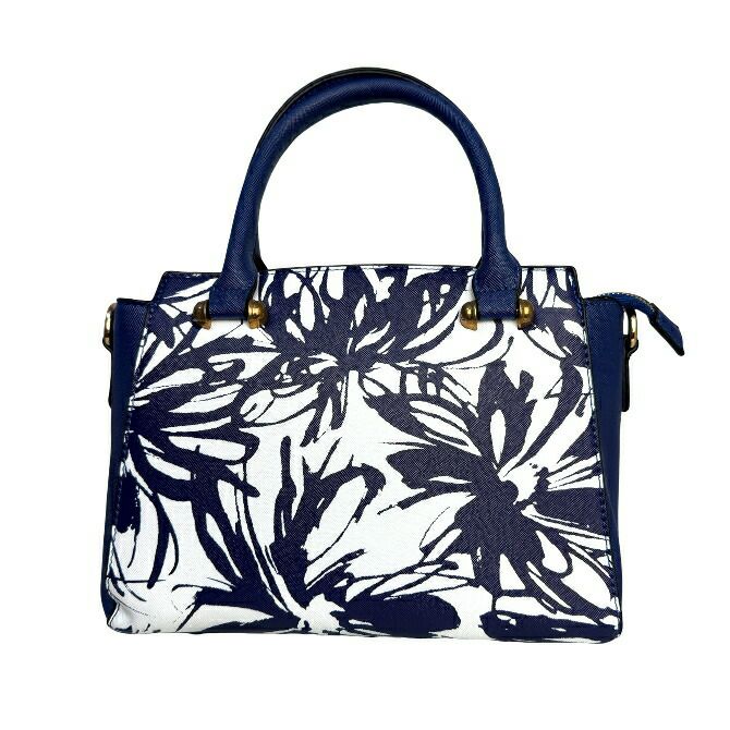花柄プリント合成皮革ハンドバッグ（ネイビー）