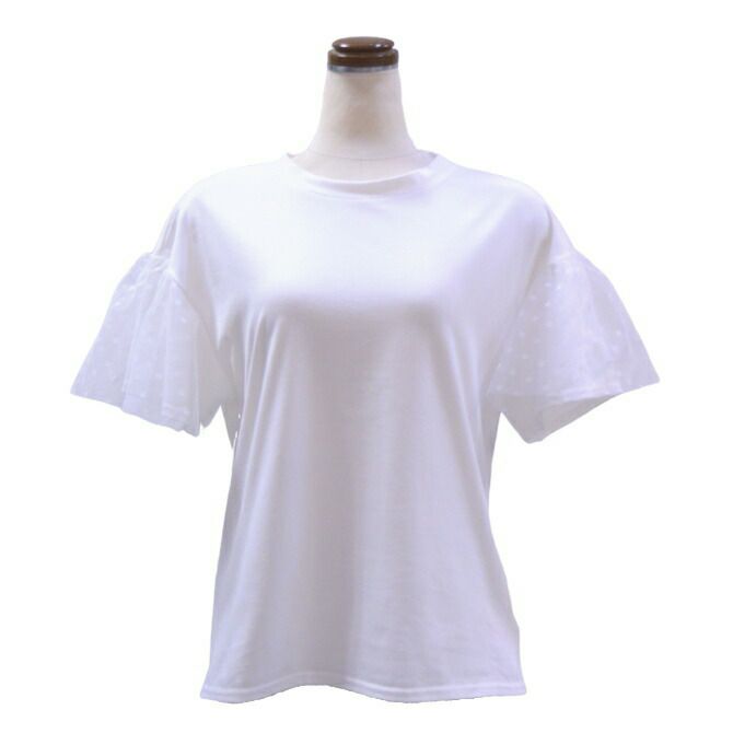 袖チュールレース重ねＴシャツ（ホワイト）